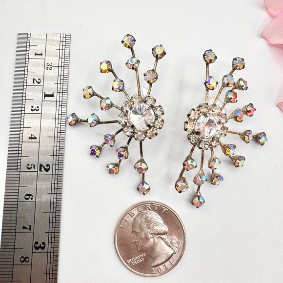 Vintage AB Rhinestone Spray Earrings Mid-Century Atomic Statement Vintage Bride - Picture 8 of 10
